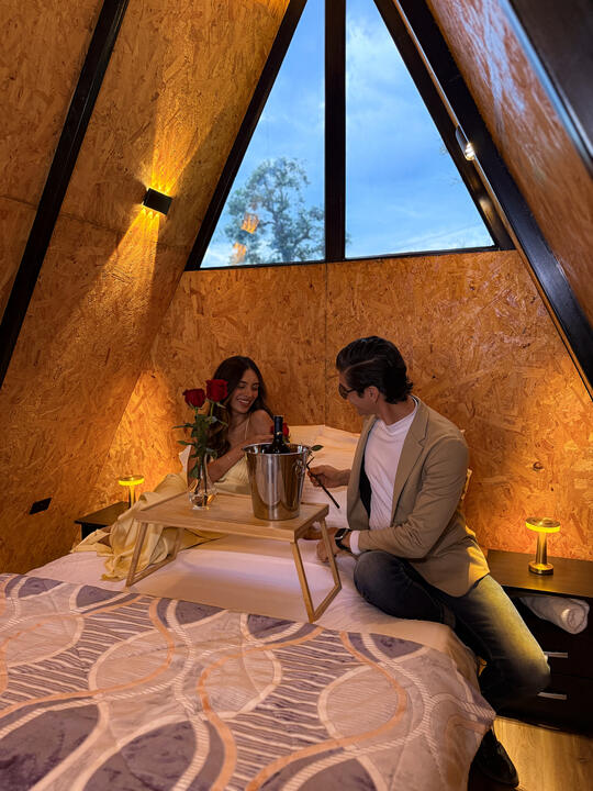 Habitación principal bajo el techo en A con vino y rosas